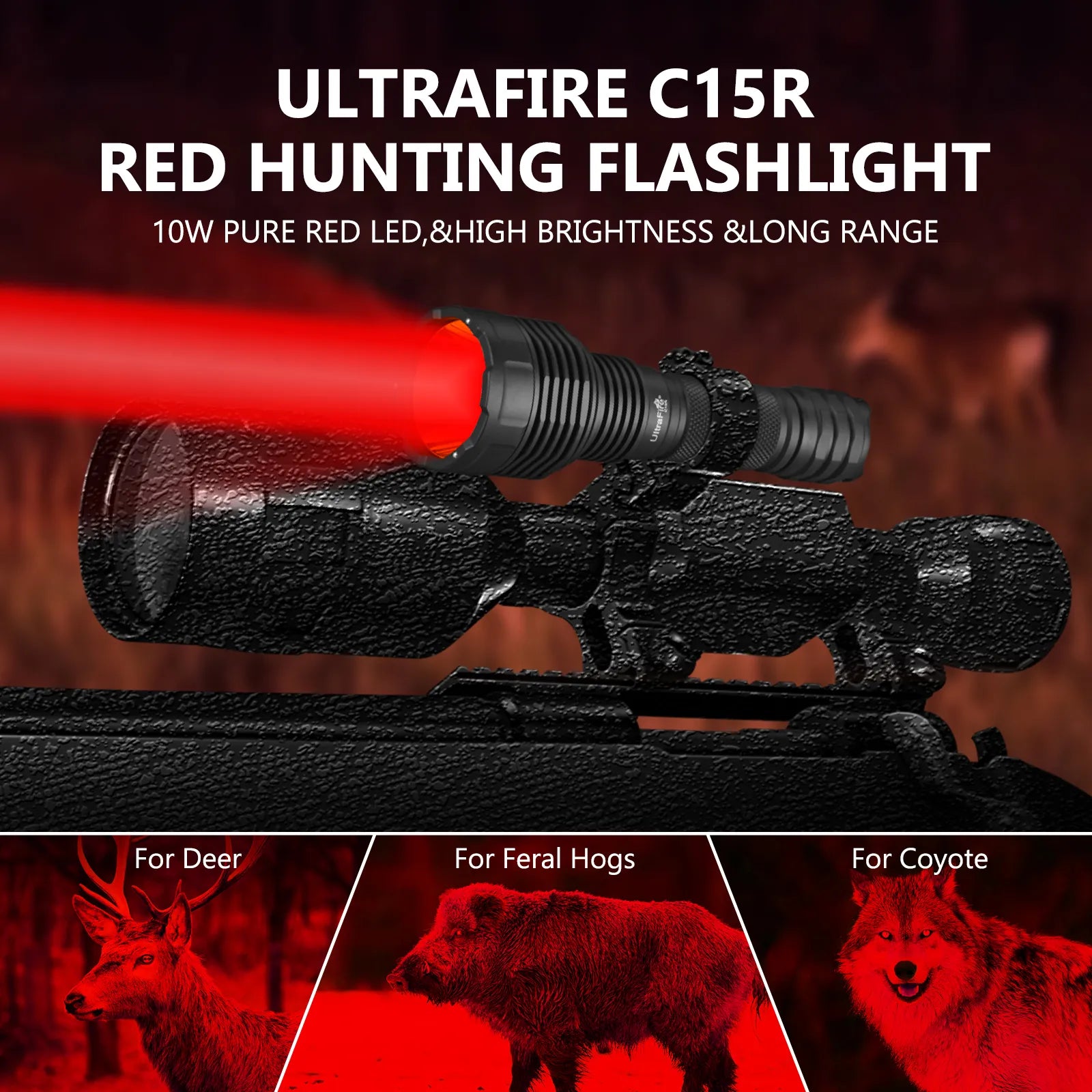 best usb rechargeable led flashlight with red light UltraFire C15R Red Light Flashlight – 620–630nm, 350m, USB-C, IP54 Premium Set