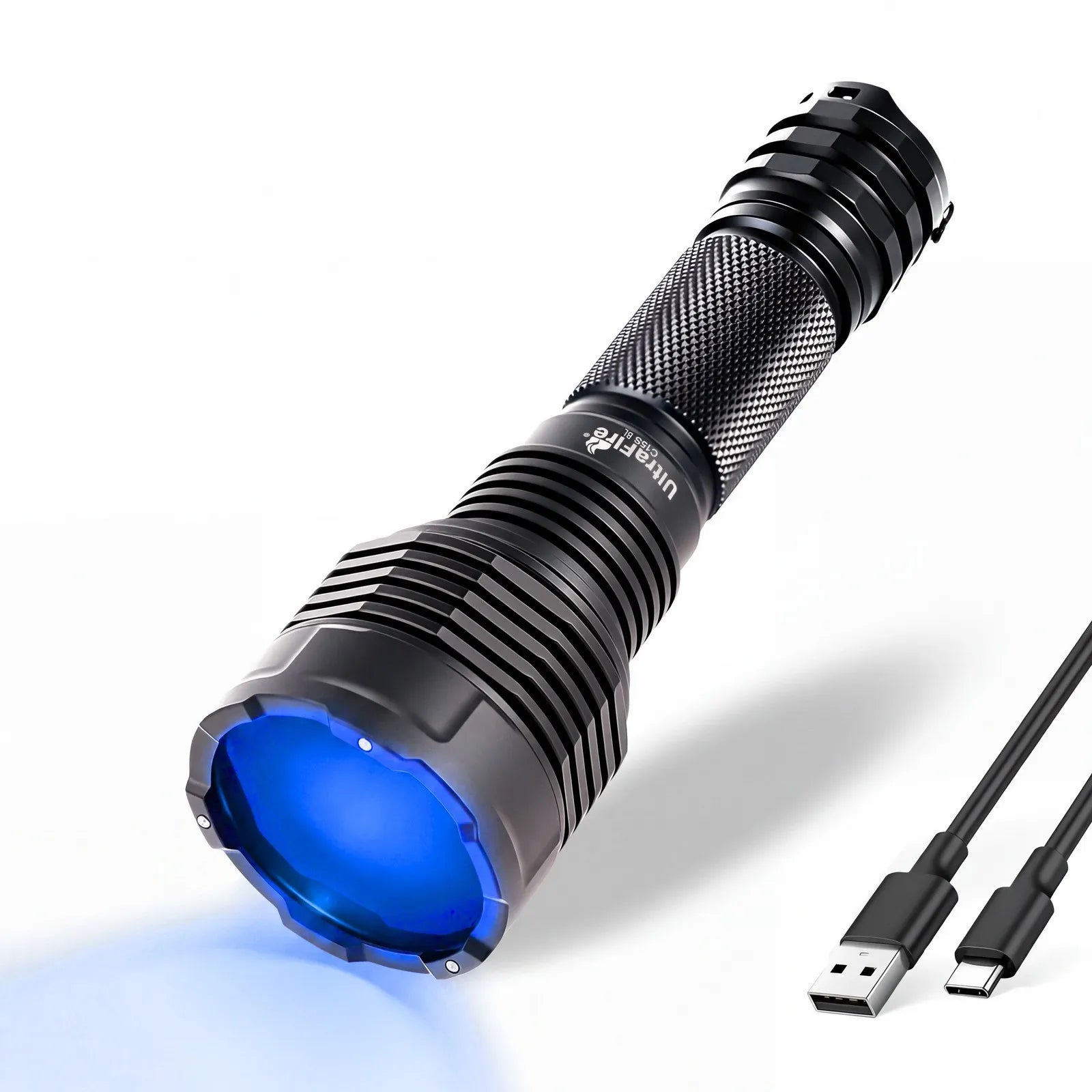 UltraFire C15S BL 450nm blue light flashlight angled view with USB-C charging cable on white