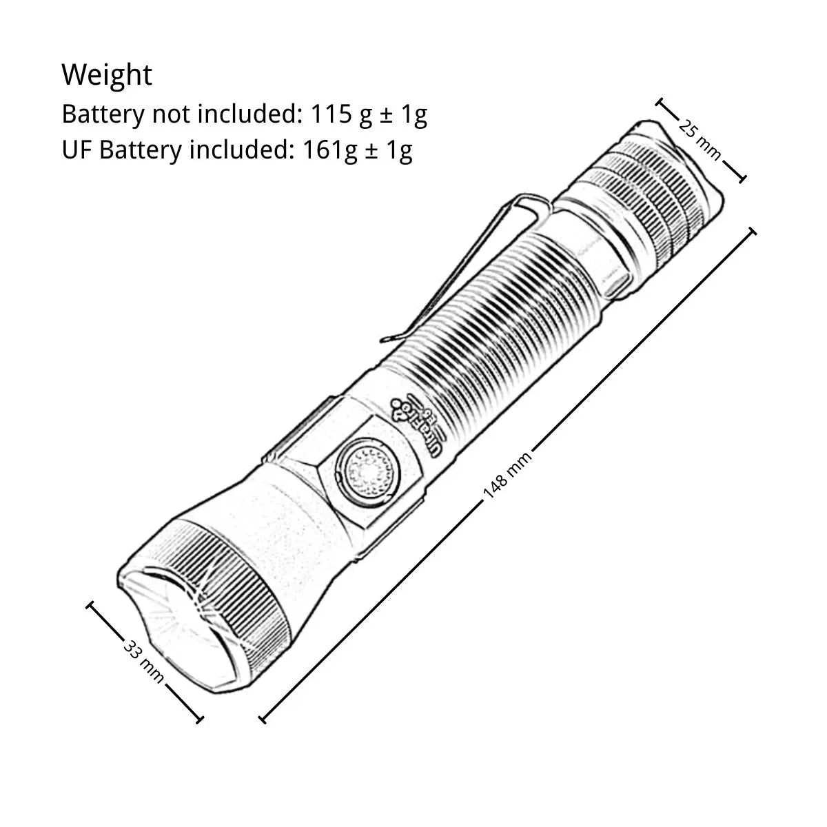 UltraFire_E5_Size_Weight_Lineart - UltraFire