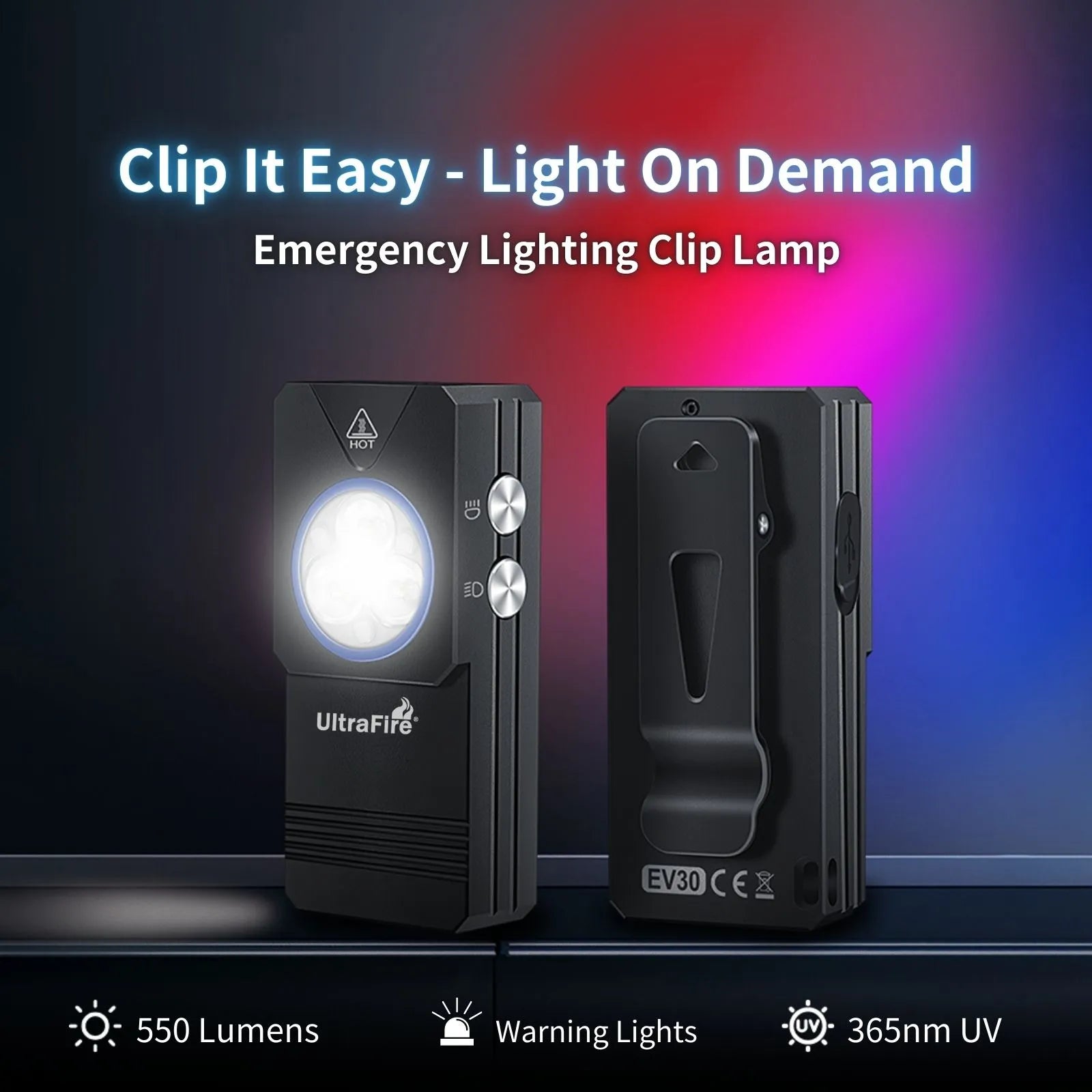 UltraFire EV30 Clip on Flashlight with UV Light and Red Light