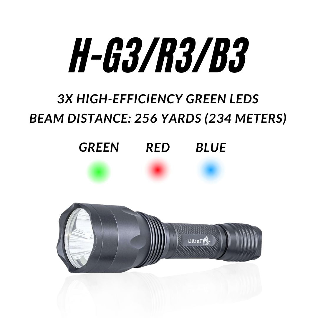 3 pack rechargeable flashlight with stand green UltraFire H-G3/R3/B3 Hunting - Red, & Blue LED | 283 LUMENS The cold Grip Rechargeable LED Flashlight &