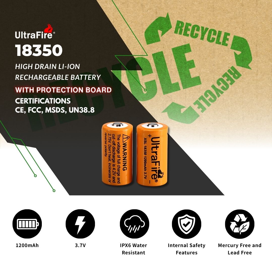 18350 1200mAh 3.7V Rechargeable Batteries (2-Pack) - UltraFire