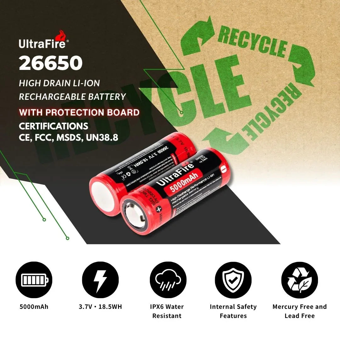 UltraFire 26650 Rechargeable Battery - 5000mAh | 3.7V 10A | Protected UltraFire 26650 Rechargeable Battery - 5000mAh | 3.7V 10A | Protected