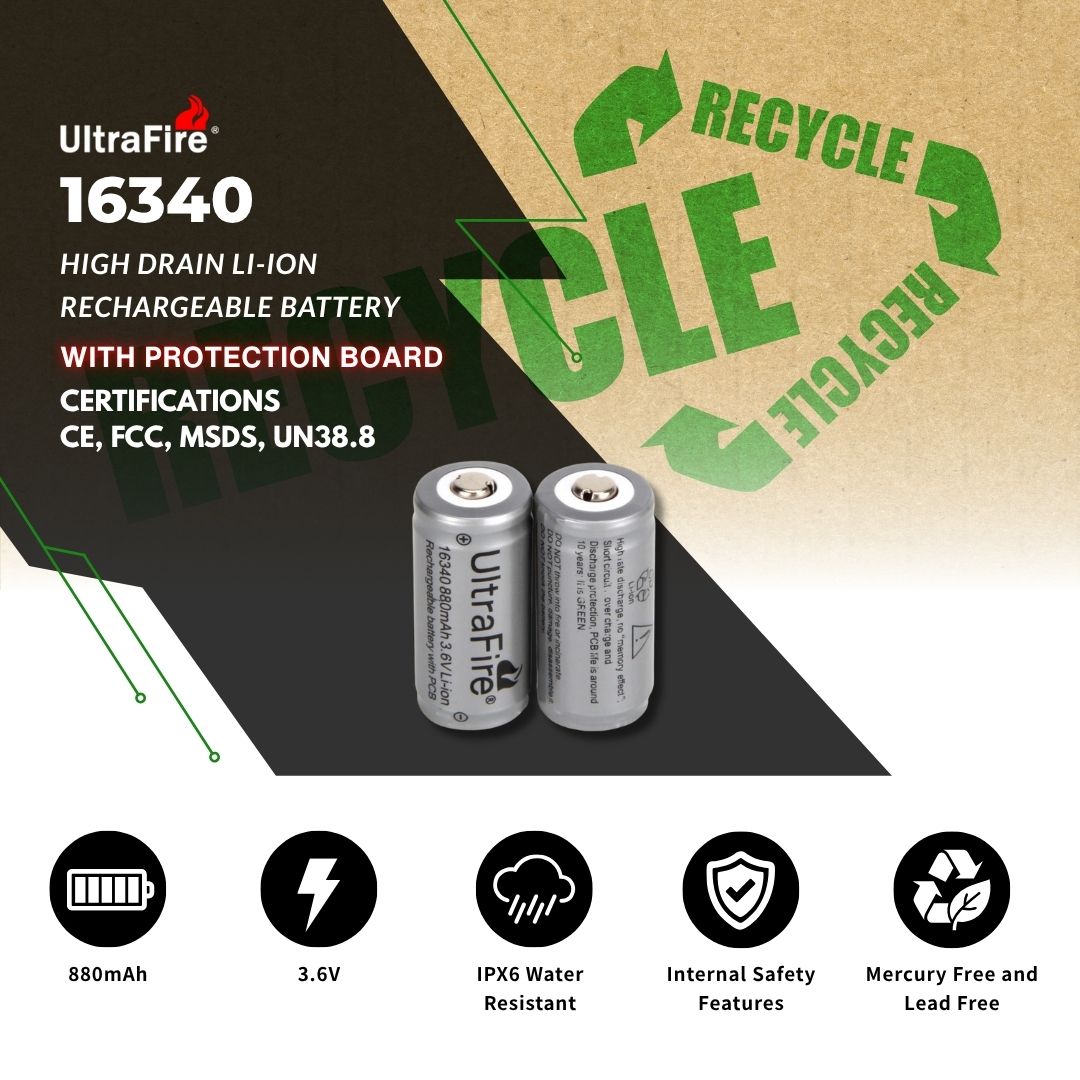 16340 880mAh 3.6V Rechargeable Batteries (2-Pack) - UltraFire