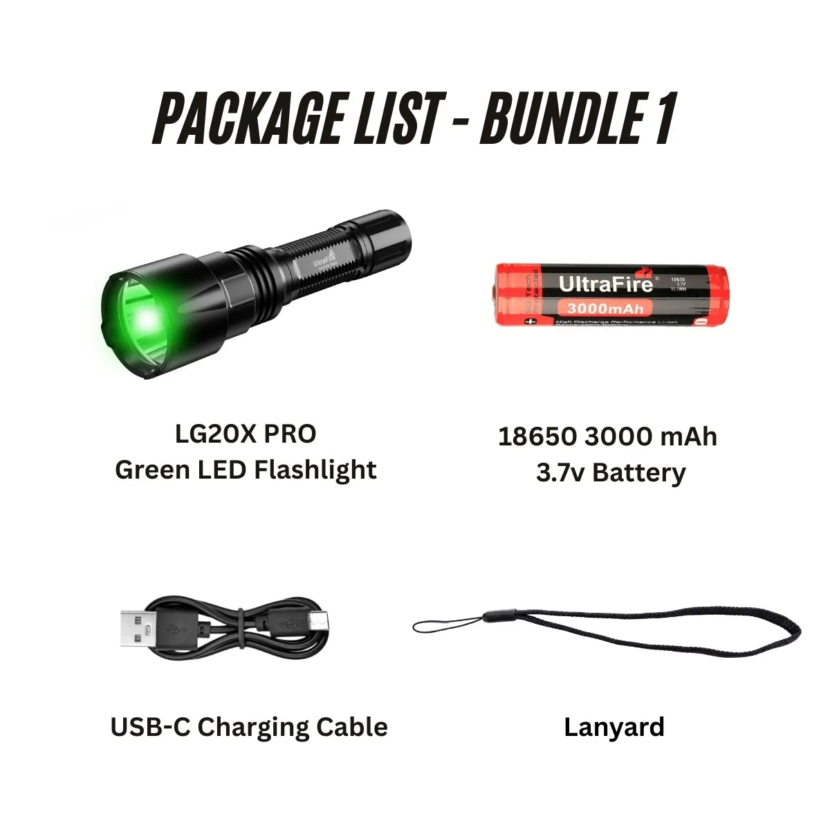 UltraFire® LG20X PRO Green Led Flashlight Bundle 1
