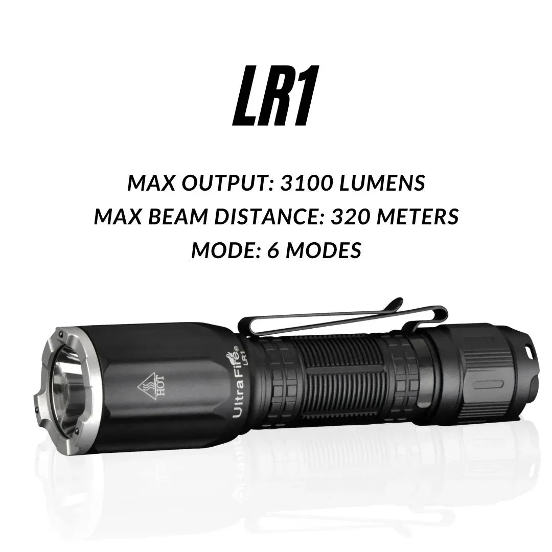 UltraFire LR1 Tactical LED Flashlight – 3100LM, 320M Range With Rechargeable 21700 Battery Flashlight With Battery UltraFire LR1 Tactical LED Flashlight – 3100LM, 320M Range With Rechargeable 21700 Battery Flashlight With Battery