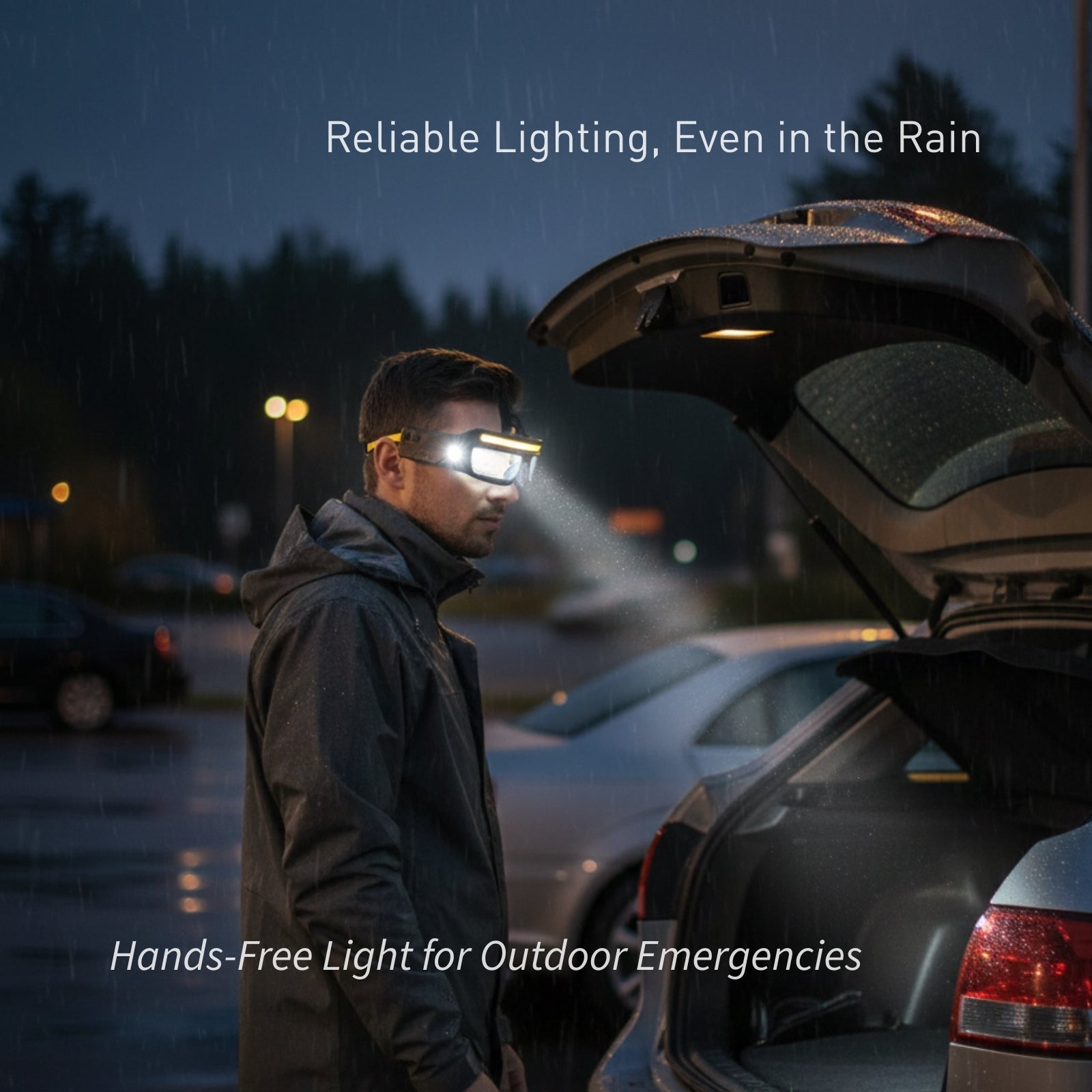 Waterproof UltraFire MEC-X1 LED headlight glasses providing reliable hands-free lighting in the rain for outdoor car emergencies and nighttime repairs.
