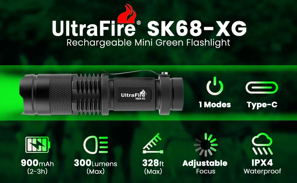 UltraFire® SK68-XG Rechargeable Mini Green Light Flashlight - 2PCS