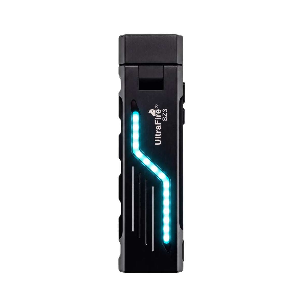 UltraFire SZ3 flat EDC flashlight front view with cyan side light strip on white background