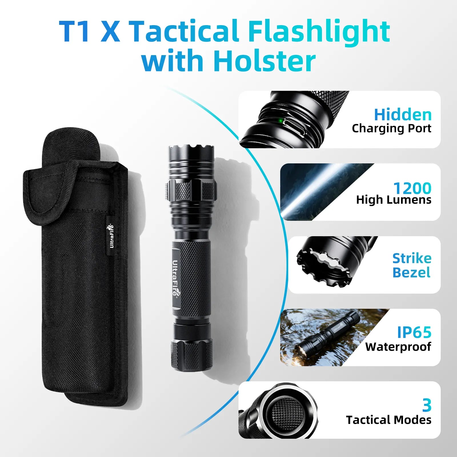 UltraFire T1 X Rechargeable Tactical Flashlight with holster