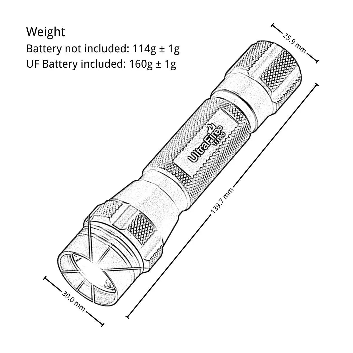 UltraFire_T1_PRO_Size_Weight_Lineart - UltraFire