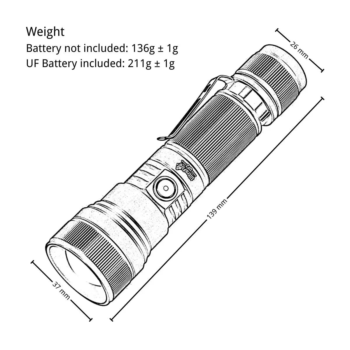 UltraFire_UF2_Size_Weight_Lineart - UltraFire