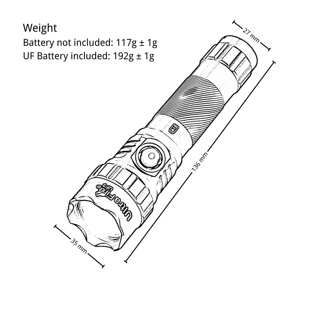 UltraFire_UF3_Size_Weight_Lineart - UltraFire