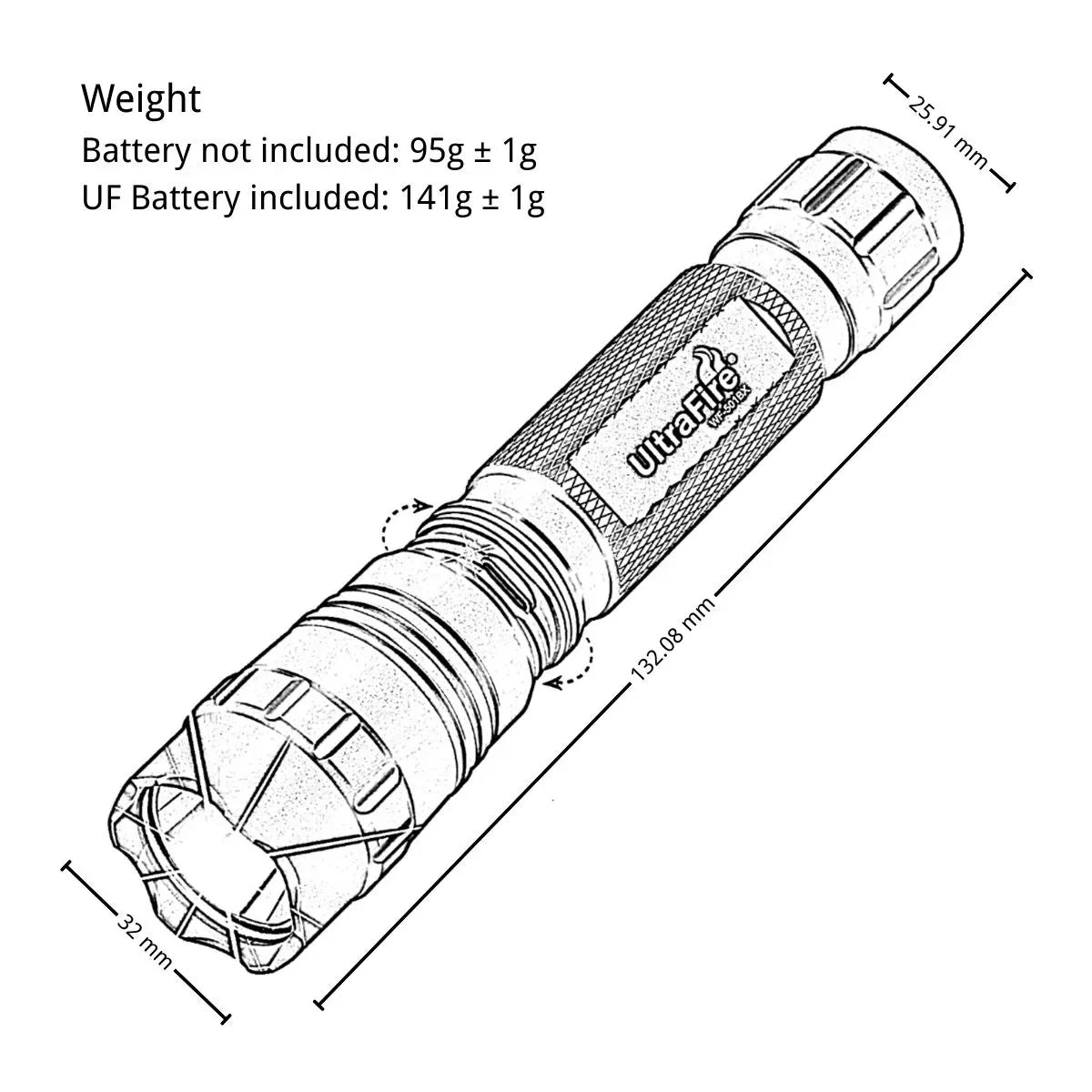 UltraFire_WF-501BX_Size_Weight_Lineart - UltraFire
