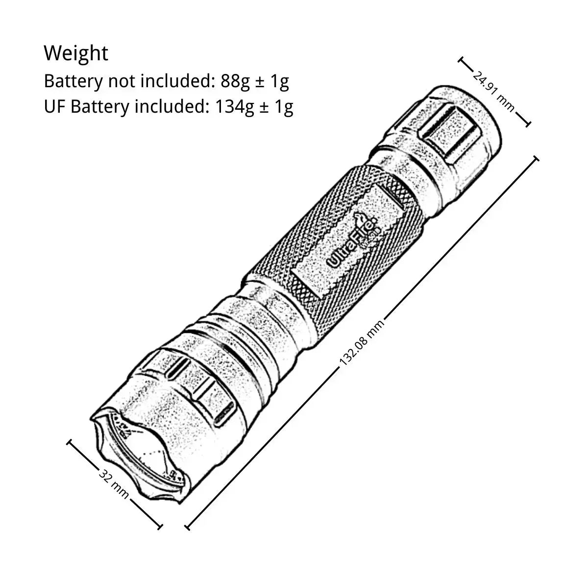 UltraFire_WF-501B_Size_Weight_Lineart - UltraFire