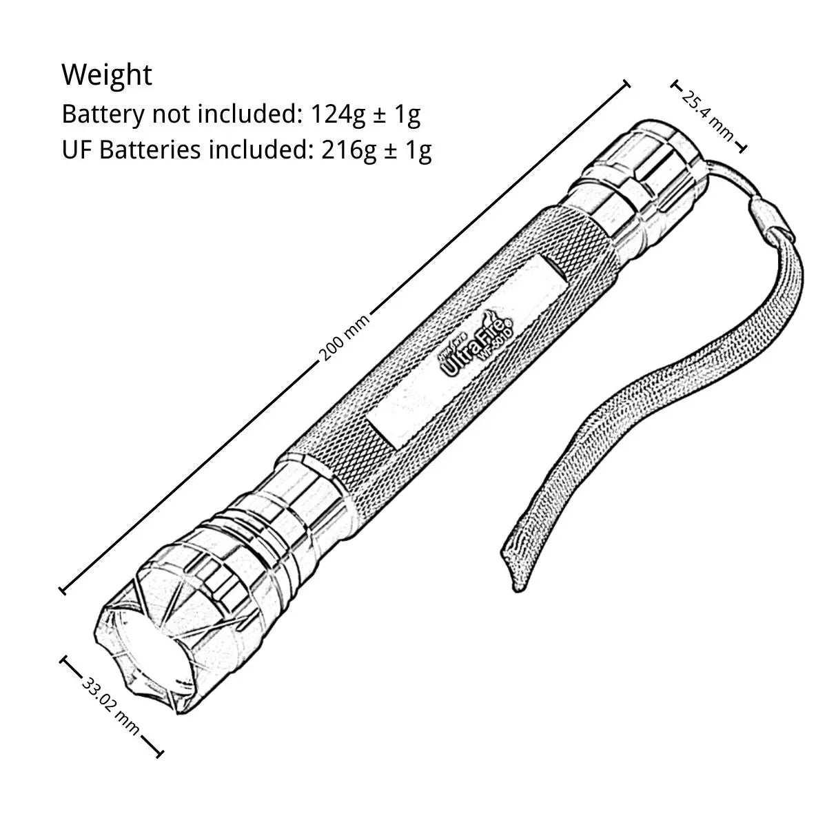 UltraFire_WF-501D_Size_Weight_Lineart - UltraFire