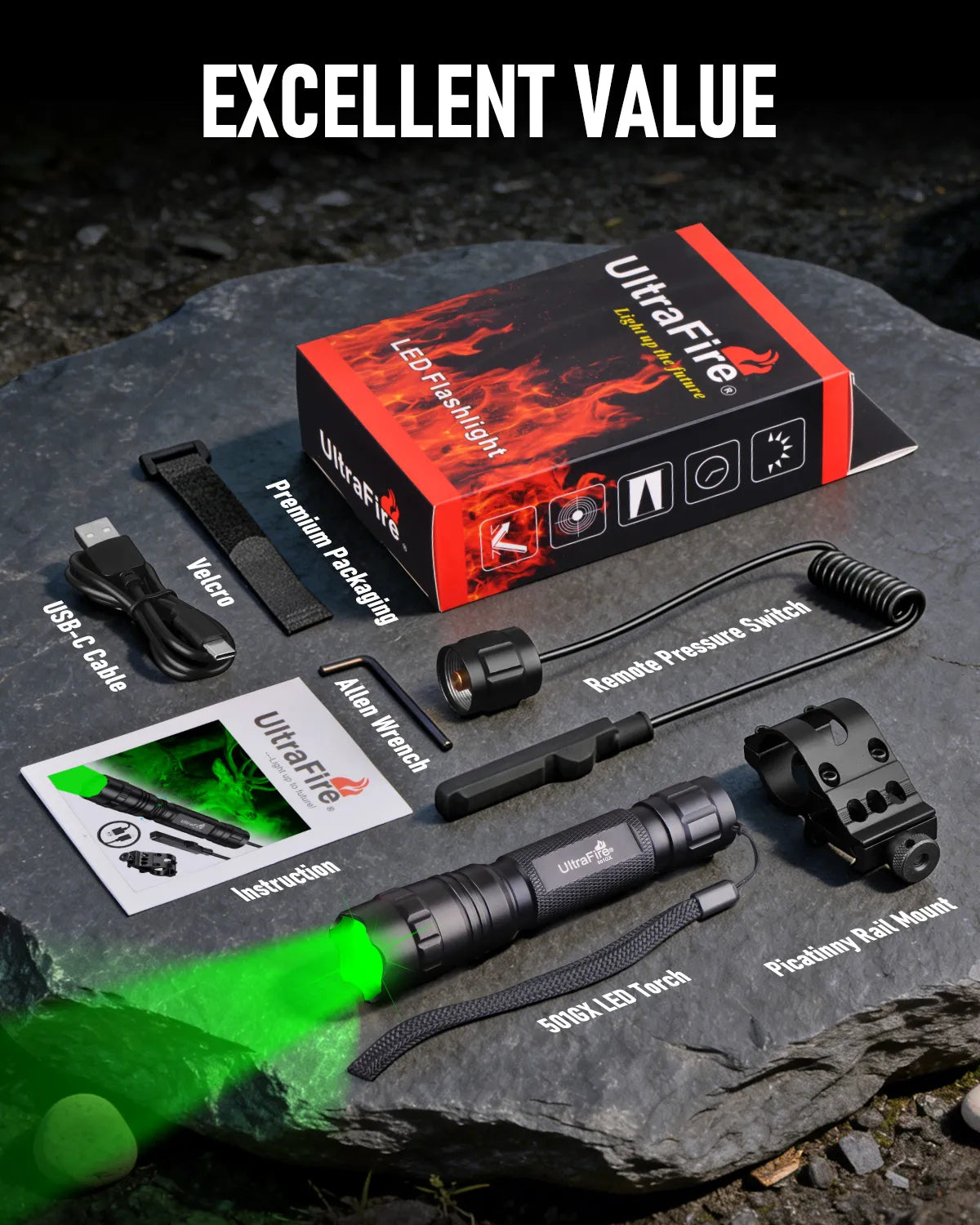 UltraFire® WF-501GX Green LED Rechargeable Flashlight
