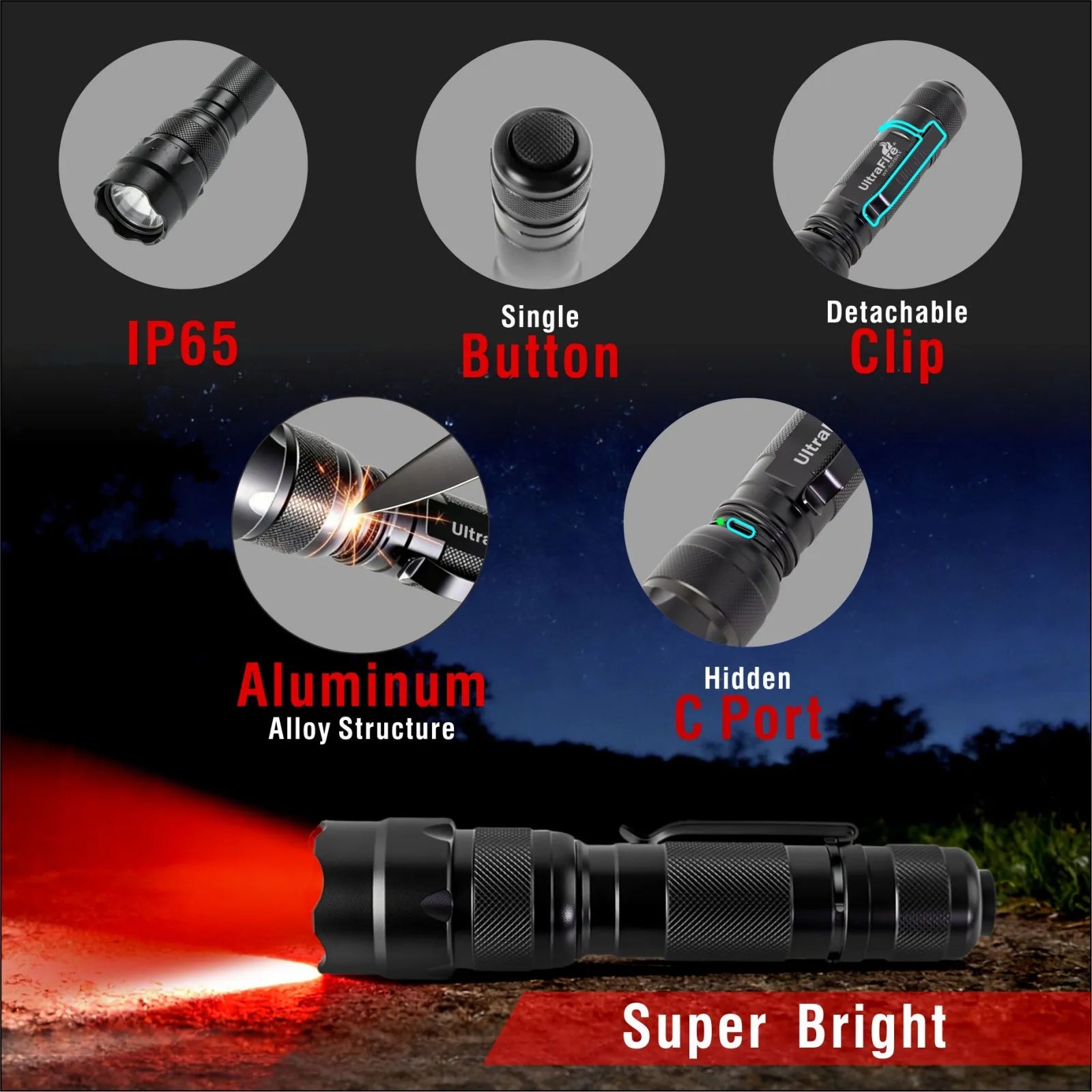 UltraFire® WF‑502BRX Red Light Flashlight – 250LM, USB‑C, Tactical UltraFire® WF‑502BRX Red Light Flashlight – 250LM, USB‑C, Tactical