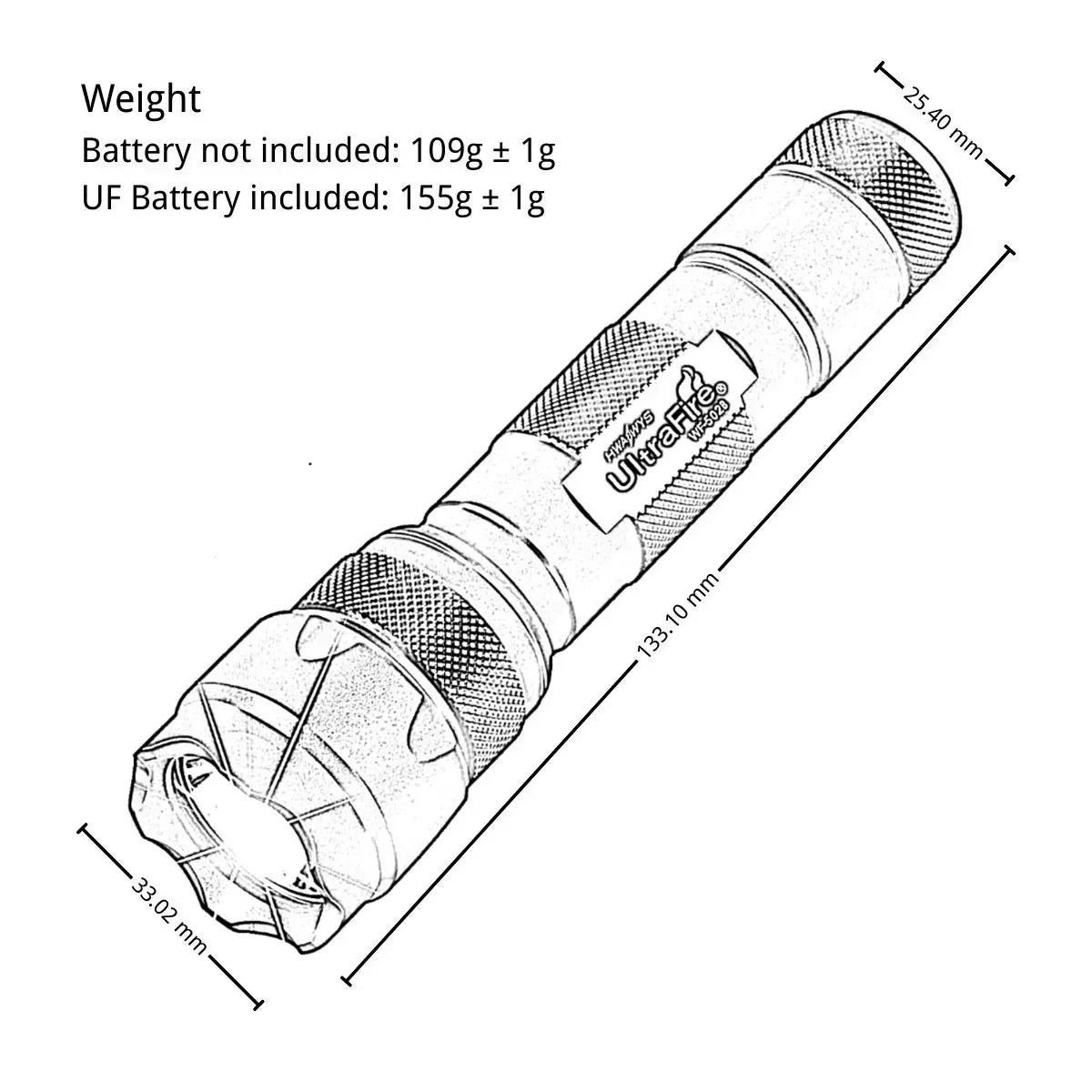 UltraFire_WF-502B_Size_Weight_Lineart - UltraFire