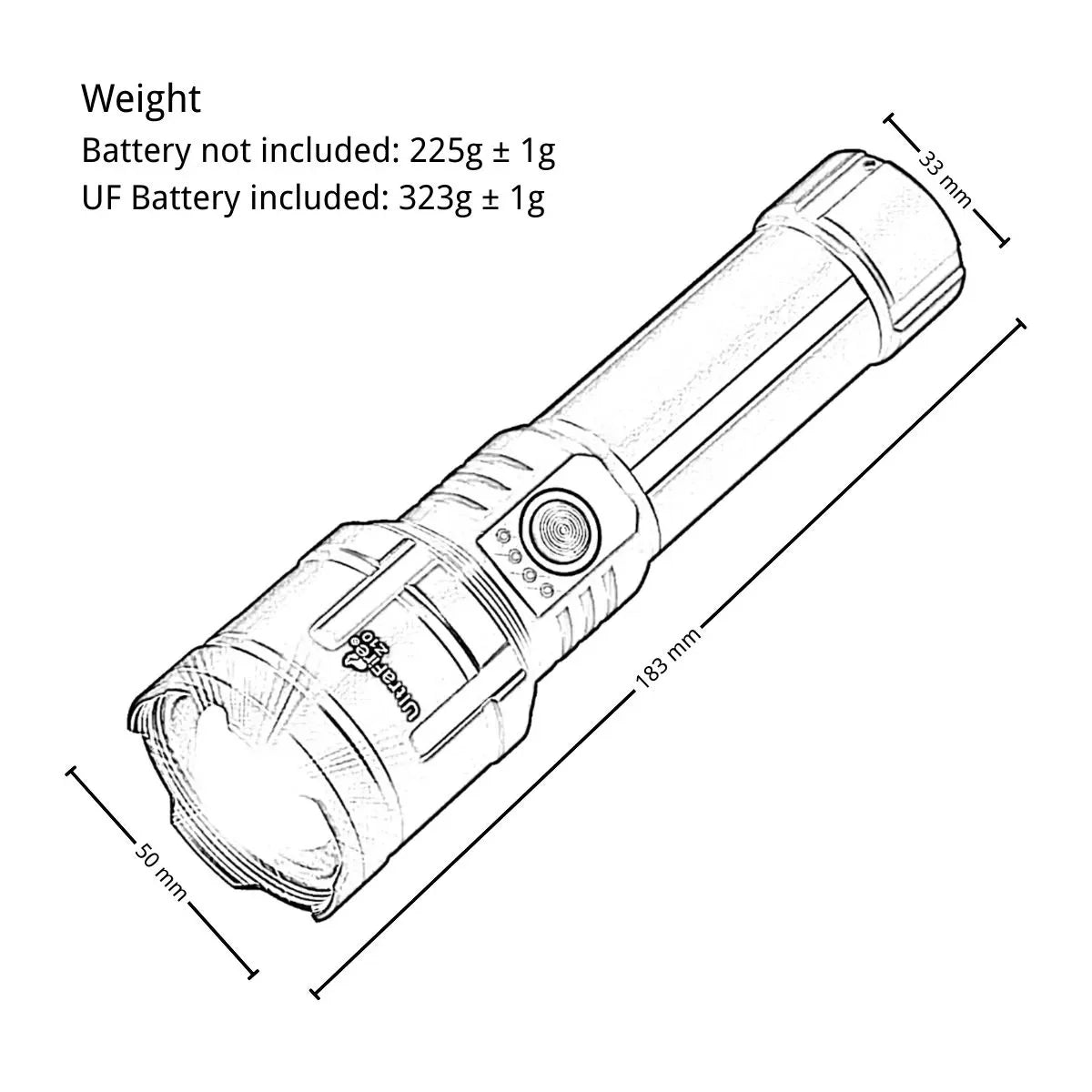 UltraFire_Z10_Size_Weight_Lineart - UltraFire